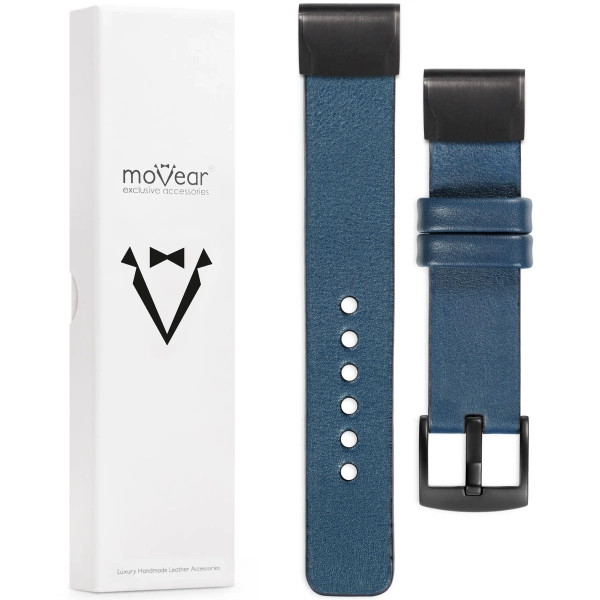 moVear Prestige S1 Skórzany pasek do Garmin QuickFit 26mm (Fenix / Epix / Quatix / Tactix / Enduro - 51mm) | Niebieski Jeans [rozmiary XS-XXL i klamra do wyboru]