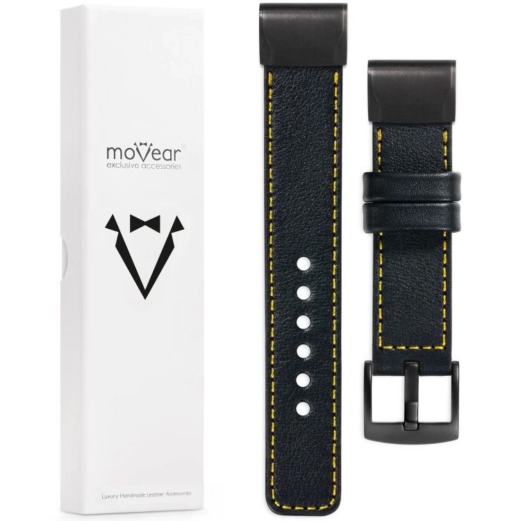 moVear Prestige C1 Skórzany pasek do Garmin QuickFit 20mm (Fenix / Instinct - 43/42/40mm) | Czarny, żółte przeszycie [rozmiary XS-XXL i klamra do wyboru]
