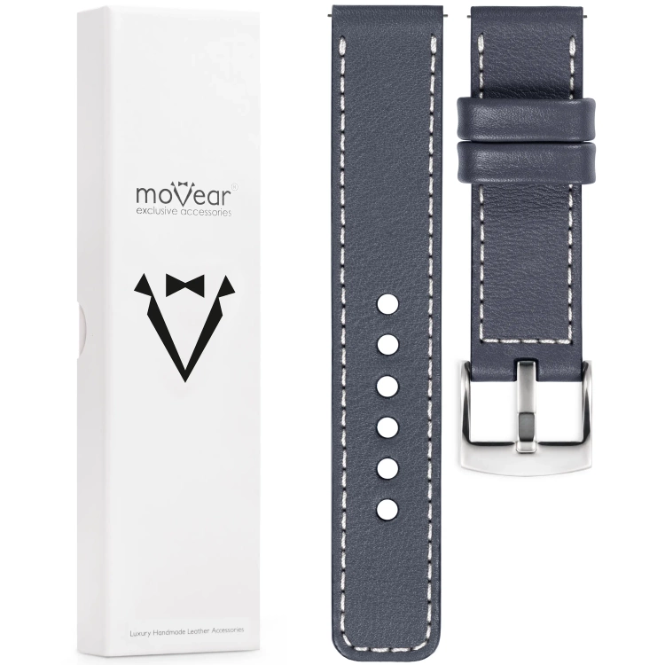 moVear Prestige C1 Skórzany pasek 22mm do zegarka | Szary stalowy, białe przeszycie [rozmiary XS-XXL i klamra do wyboru]