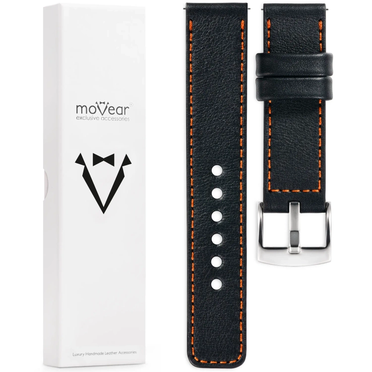 moVear Prestige C1 Skórzany pasek 20mm do zegarka | Czarny, ciemnopomarańczowe przeszycie [rozmiary XS-XXL i klamra do wyboru]