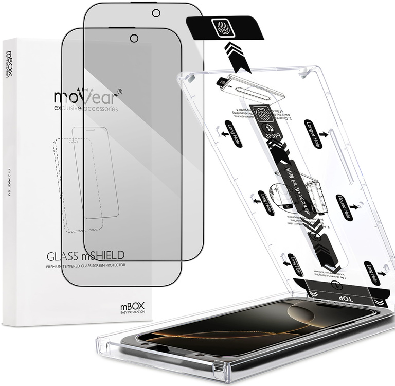 2 szt. | moVear mBOX GLASS mSHIELD 2.5D MAX privacy do Apple iPhone 17 Pro / 17 / 16 Pro (6.3") (Anty spy, z Aplikatorem)