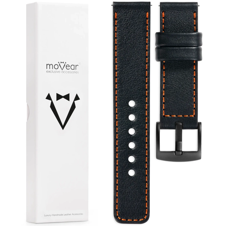 moVear Prestige C1 Skórzany pasek 18mm do zegarka | Czarny, ciemnopomarańczowe przeszycie [rozmiary XS-XXL i klamra do wyboru]