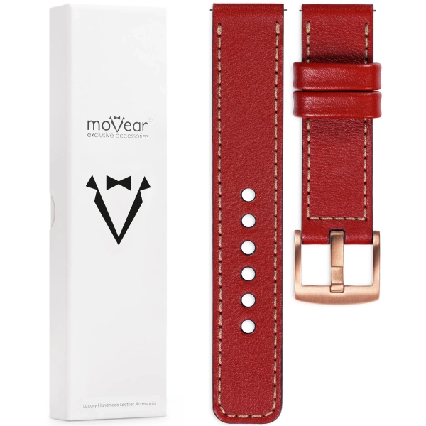 moVear Prestige C1 Skórzany pasek 20mm do zegarka | Czerwony szkarłatny, różowe złoto przeszycie [rozmiary XS-XXL i klamra do wyboru]