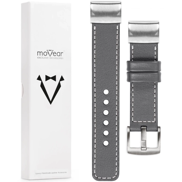 moVear Prestige C1 Skórzany pasek do Garmin QuickFit 22mm (Fenix / Forerunner / Epix / Instinct / Enduro / Quatix / MARQ - 47/45mm) | Szary, białe przeszycie [rozmiary XS-XXL i klamra do wyboru]