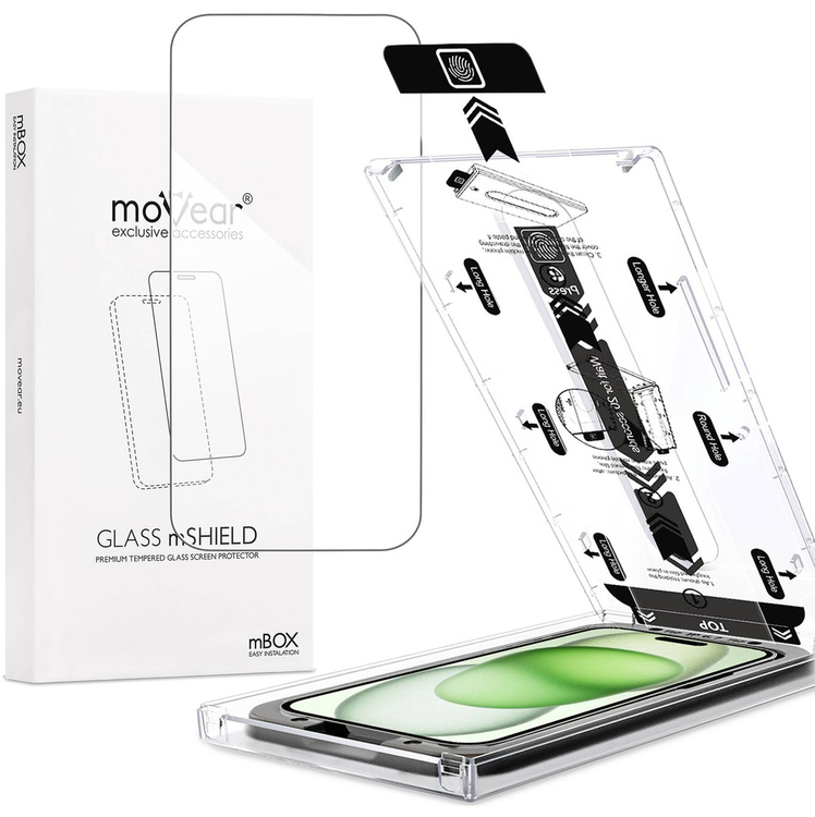 moVear mBOX GLASS mSHIELD 2.5D do Apple iPhone 16/15 Plus / 15 Pro Max (6.7") (łatwy montaż)