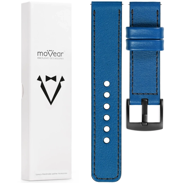 moVear Prestige C1 Skórzany pasek 22mm do Samsung Galaxy Watch 3 (45mm) / Watch (46mm) / Gear S3 | Niebieski, czarne przeszycie [rozmiary XS-XXL i klamra do wyboru]