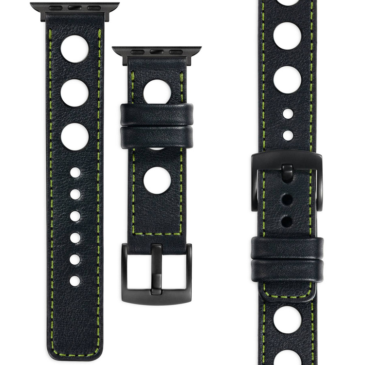 moVear Prestige R1 Skórzany pasek 20mm do Apple Watch 8 / 7 / 6 / 5 / 4 / SE (45/44mm) & Ultra (49mm) | Czarny, limonkowe przeszycie [rozmiar i klamra do wyboru]