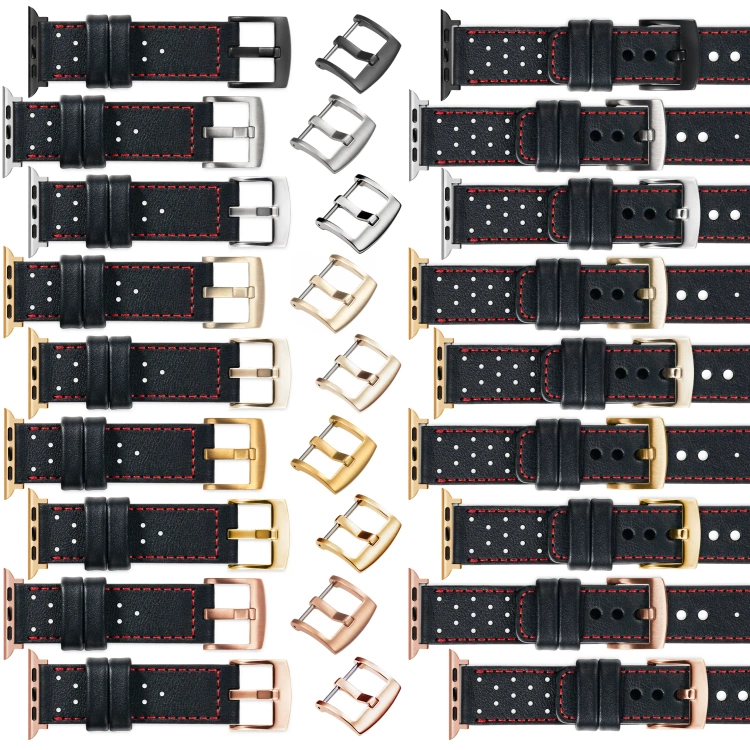 moVear Prestige R2 Skórzany pasek 24mm do Apple Watch 10 / 9 / 8 / 7 / 6 / 5 / 4 / SE (46/45/44mm) & Ultra (49mm) | Czarny, czerwone przeszycie [rozmiary XS-XXL i klamra do wyboru]