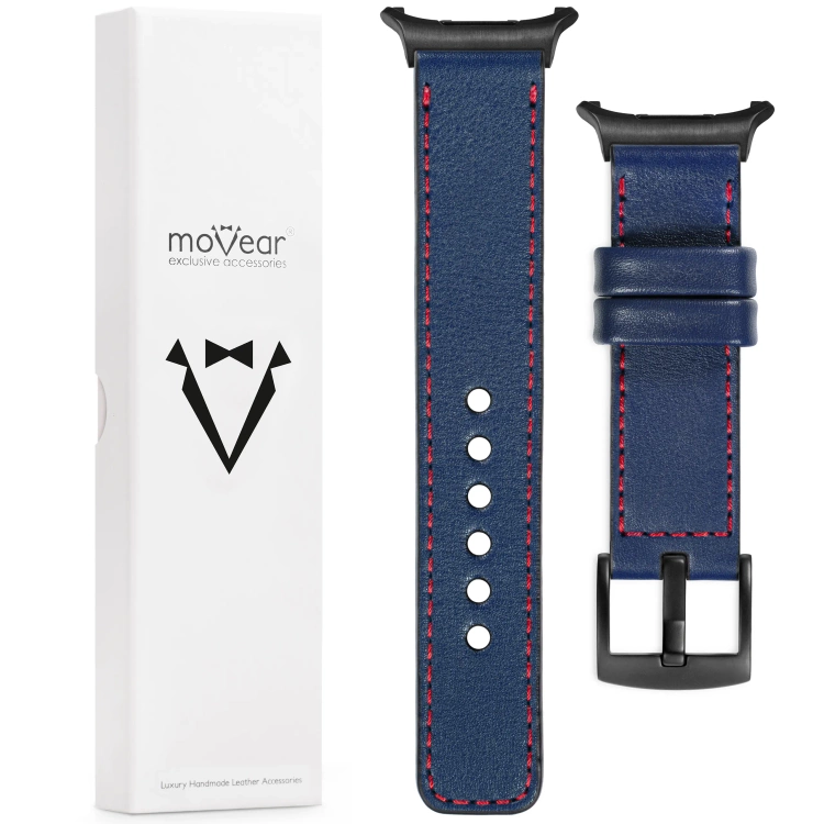 moVear Prestige C1 Skórzany pasek 24mm do Samsung Galaxy Watch Ultra | Granatowy, czerwone przeszycie [rozmiary XS-XXL i klamra do wyboru]