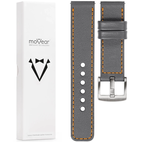 moVear Prestige C1 Skórzany pasek 22mm do zegarka | Szary, pomarańczowe przeszycie [rozmiary XS-XXL i klamra do wyboru]