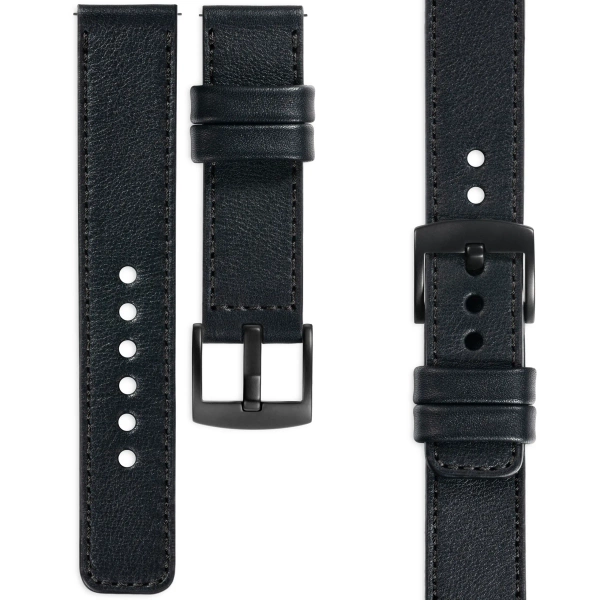 moVear Prestige C1 Skórzany pasek 22mm do Samsung Galaxy Watch 3 (45mm) / Watch (46mm) / Gear S3 | Czarny, czarne przeszycie [rozmiary XS-XXL i klamra do wyboru]