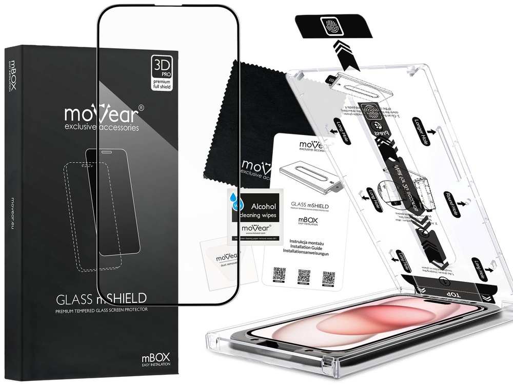 moVear mBOX GLASS mSHIELD 3D PRO do Apple iPhone 16 / 15 (6,1") (łatwy montaż)