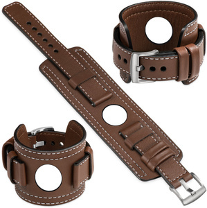 moVear Prestige CW1 Szeroki skórzany pasek 22mm do Samsung Galaxy Watch 3 (45mm) / Watch (46mm) / Gear S3 | Ciemnobrązowy, białe przeszycie [rozmiary XS-XXL i klamra do wyboru]