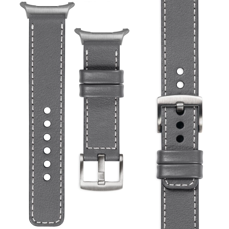 moVear Prestige C1 Skórzany pasek 24mm do Samsung Galaxy Watch Ultra | Szary, białe przeszycie [rozmiary XS-XXL i klamra do wyboru]