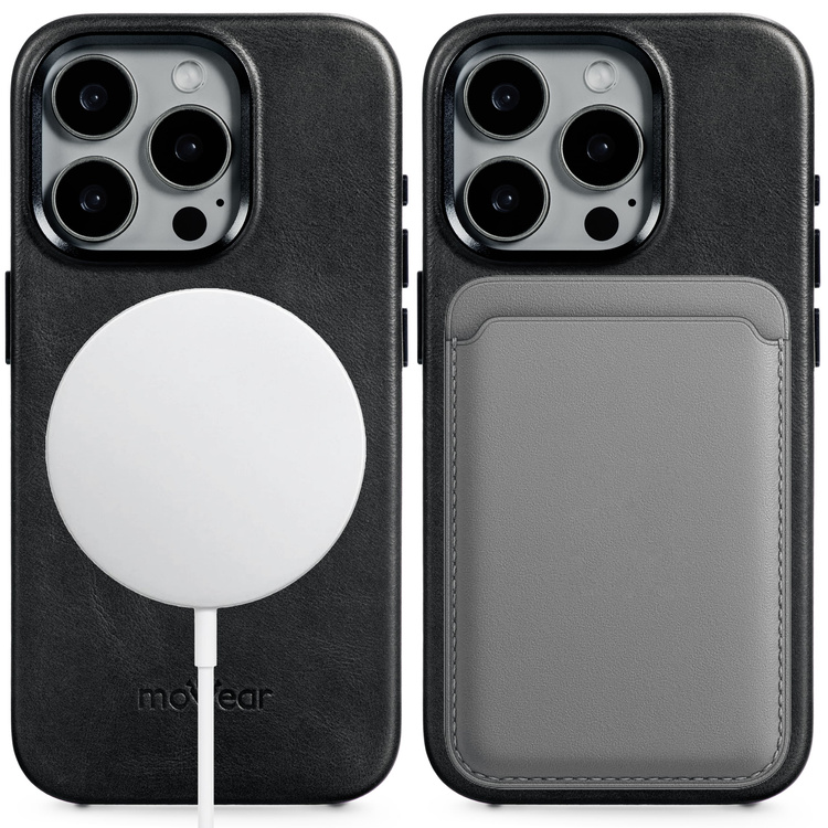moVear backCover 4S Skórzane plecki do Apple iPhone 15 Pro (6.1") | kompatybilne z MagSafe, Skóra naturalna olejowana (Czarna)