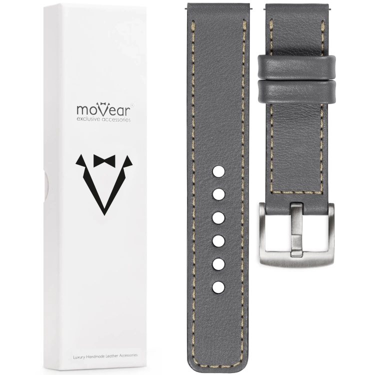 moVear Prestige C1 Skórzany pasek 20mm do zegarka | Szary, kremowe przeszycie [rozmiary XS-XXL i klamra do wyboru]