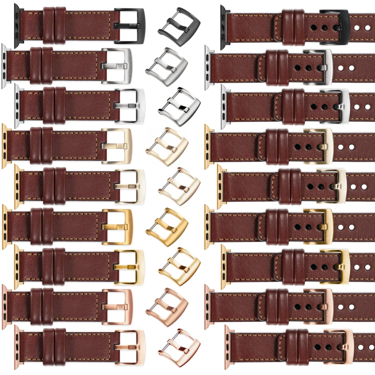 moVear Prestige C1 Skórzany pasek 22mm do Apple Watch 10 / 9 / 8 / 7 / 6 / 5 / 4 / SE (46/45/44mm) & Ultra (49mm) | Kasztanowy, złote przeszycie [rozmiary XS-XXL i klamra do wyboru]