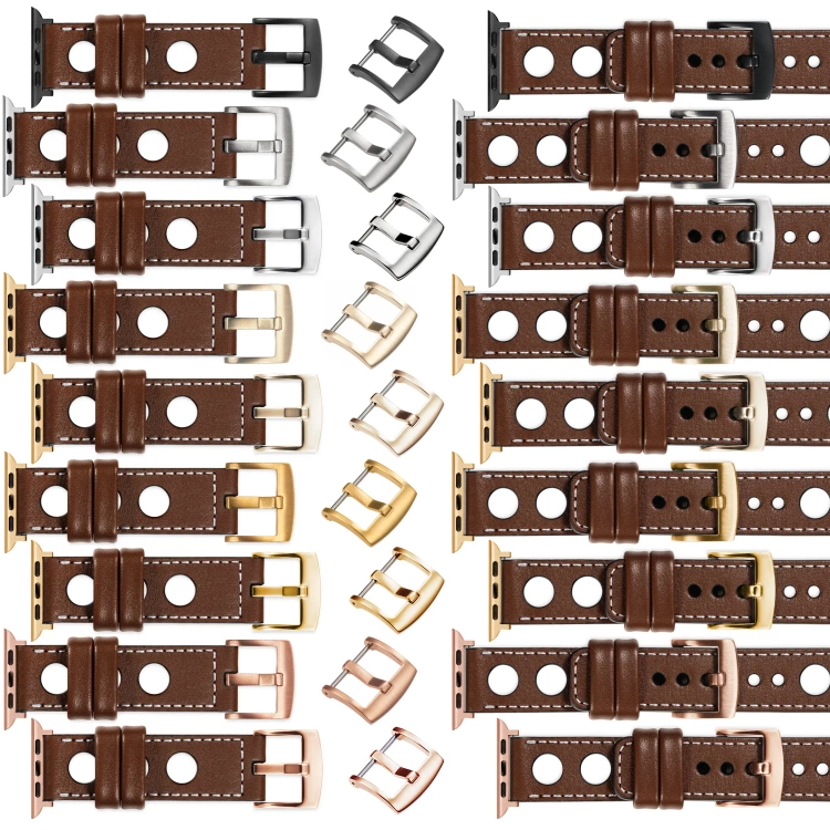 moVear Prestige R1 Skórzany pasek 22mm do Apple Watch 10 / 9 / 8 / 7 / 6 / 5 / 4 / SE (42/41/40mm) | Ciemnobrązowy, białe przeszycie [rozmiary XS-XXL i klamra do wyboru]