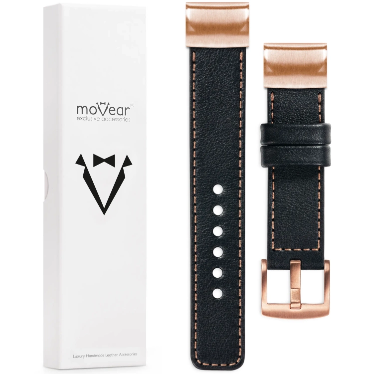 moVear Prestige C1 Skórzany pasek do Garmin QuickFit 20mm (Fenix / Instinct - 43/42/40mm) | Czarny, różowe złoto przeszycie [rozmiary XS-XXL i klamra do wyboru]