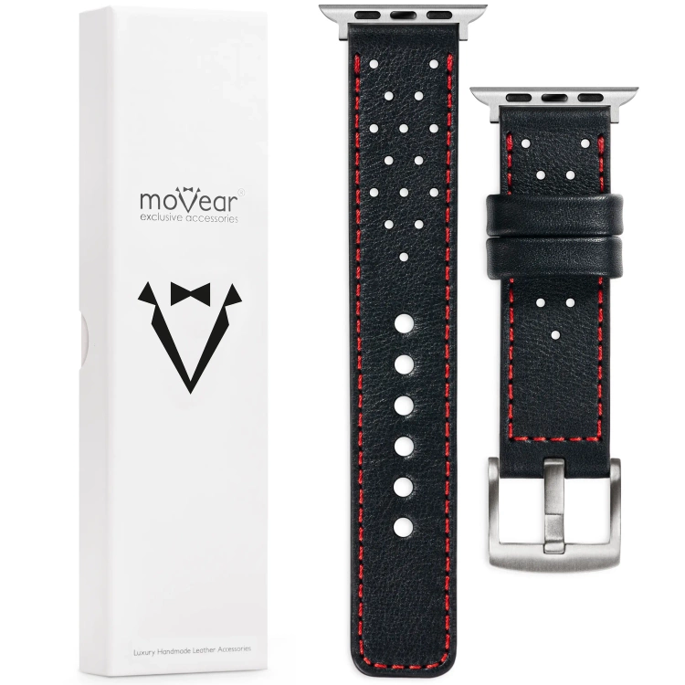 moVear Prestige R2 Skórzany pasek 24mm do Apple Watch 10 / 9 / 8 / 7 / 6 / 5 / 4 / SE (46/45/44mm) & Ultra (49mm) | Czarny, czerwone przeszycie [rozmiary XS-XXL i klamra do wyboru]