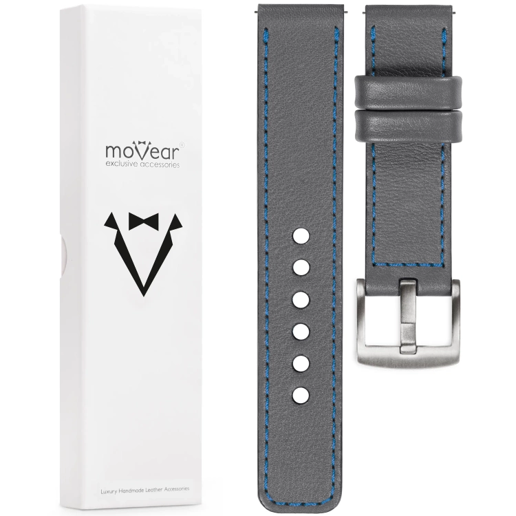 moVear Prestige C1 Skórzany pasek 26mm do zegarka | Szary, niebieskie przeszycie [rozmiary XS-XXL i klamra do wyboru]