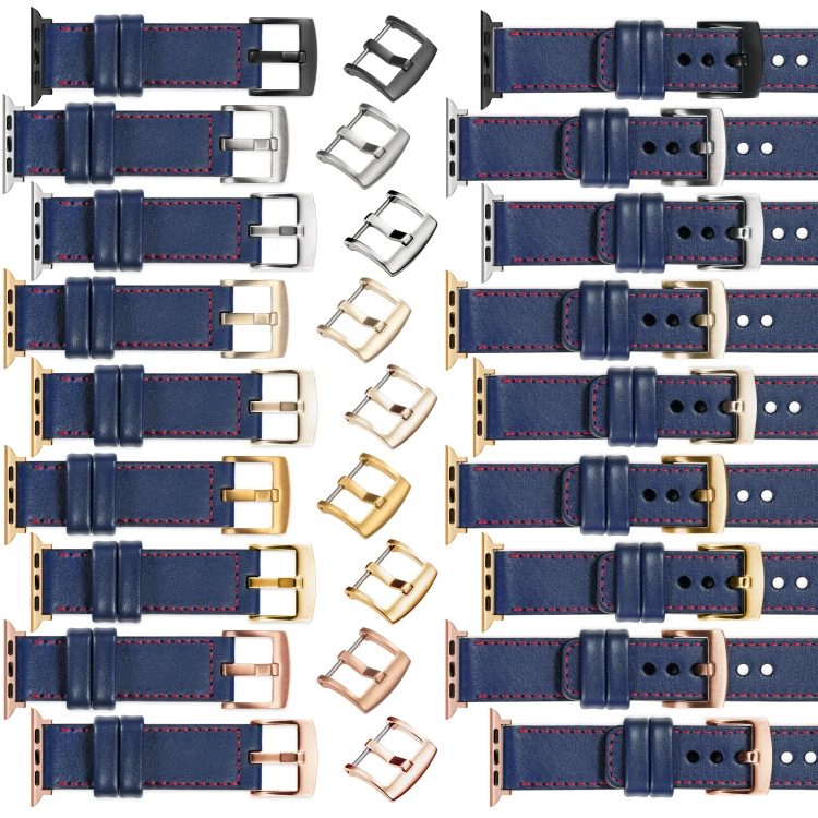 moVear Prestige C1 Skórzany pasek 24mm do Apple Watch 10 / 9 / 8 / 7 / 6 / 5 / 4 / SE (46/45/44mm) & Ultra (49mm) | Granatowy, czerwone przeszycie [rozmiary XS-XXL i klamra do wyboru]