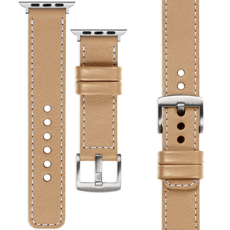 moVear Prestige C1 Skórzany pasek 22mm do Apple Watch 10 / 9 / 8 / 7 / 6 / 5 / 4 / SE (42/41/40mm) | Cappuccino, białe przeszycie [rozmiary XS-XXL i klamra do wyboru]