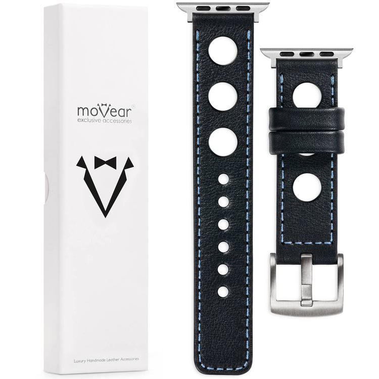 moVear Prestige R1 Skórzany pasek 20mm do Apple Watch 8 / 7 / 6 / 5 / 4 / SE (41/40mm) | Czarny, błękitne przeszycie [rozmiar i klamra do wyboru]