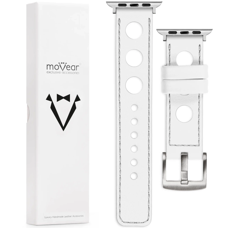 moVear Prestige R1 Skórzany pasek 24mm do Apple Watch 10 / 9 / 8 / 7 / 6 / 5 / 4 / SE (46/45/44mm) & Ultra (49mm) | Biały, srebrne przeszycie [rozmiary XS-XXL i klamra do wyboru]