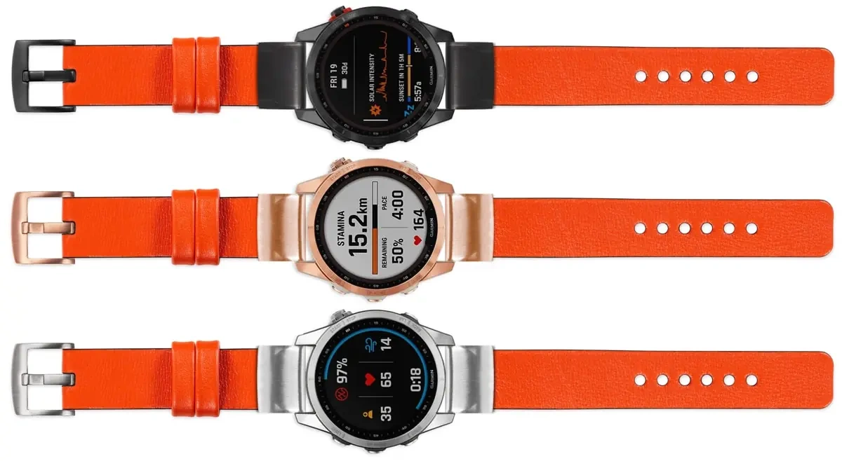 moVear Prestige S1 Skórzany pasek do Garmin QuickFit 20mm (Fenix / Instinct - 43/42/40mm) | Pomarańczowy [rozmiary XS-XXL i klamra do wyboru]