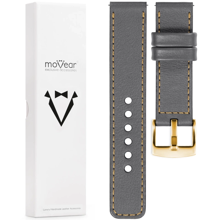 moVear Prestige C1 Skórzany pasek 20mm do zegarka | Szary, złote przeszycie [rozmiary XS-XXL i klamra do wyboru]