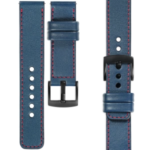 moVear Prestige C1 Skórzany pasek 22mm do Huawei Watch 5 4 3 2 1 - GT / Pro / Ultimate (48/46mm) | Niebieski jeans, czerwone przeszycie [rozmiary XS-XXL i klamra do wyboru]