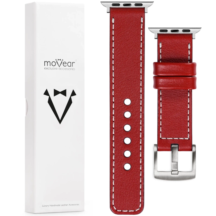 moVear Prestige C1 Skórzany pasek 24mm do Apple Watch 10 / 9 / 8 / 7 / 6 / 5 / 4 / SE (46/45/44mm) & Ultra (49mm) | Czerwony szkarłatny, białe przeszycie [rozmiary XS-XXL i klamra do wyboru]
