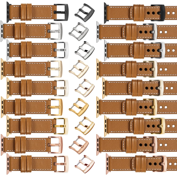 moVear Prestige C1 Skórzany pasek 24mm do Apple Watch 10 / 9 / 8 / 7 / 6 / 5 / 4 / SE (46/45/44mm) & Ultra (49mm) | Jasnobrązowy, białe przeszycie [rozmiary XS-XXL i klamra do wyboru]