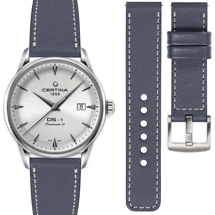 moVear Prestige C1 Skórzany pasek 20mm do Certina DS-1 C029.807.11.031.00 | Szary stalowy, srebrne przeszycie [rozmiary XS-XXL]