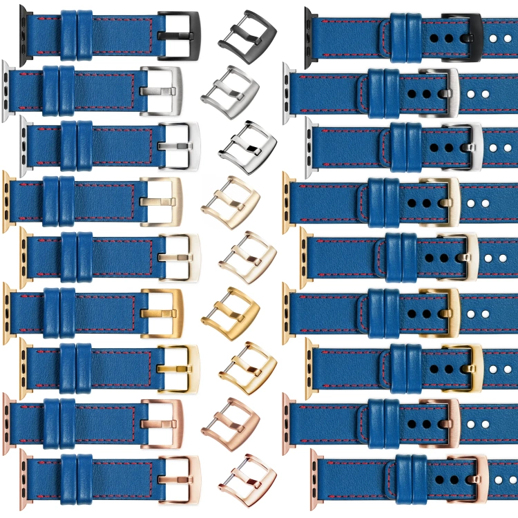 moVear Prestige C1 Skórzany pasek 22mm do Apple Watch 10 / 9 / 8 / 7 / 6 / 5 / 4 / SE (46/45/44mm) & Ultra (49mm) | Niebieski, czerwone przeszycie [rozmiary XS-XXL i klamra do wyboru]