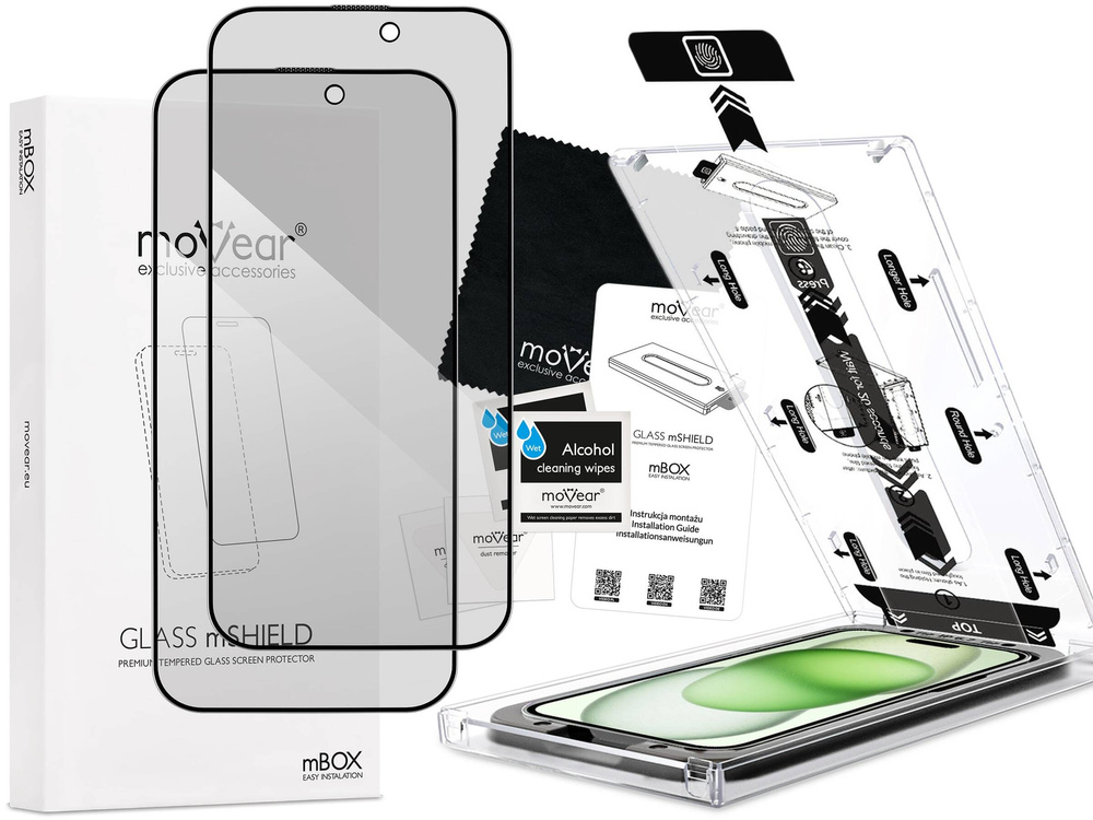 2 szt. | moVear mBOX GLASS mSHIELD 2.5D MAX privacy do Apple iPhone 16 Plus / 15 Plus (6.7") (Anty spy, z Aplikatorem)