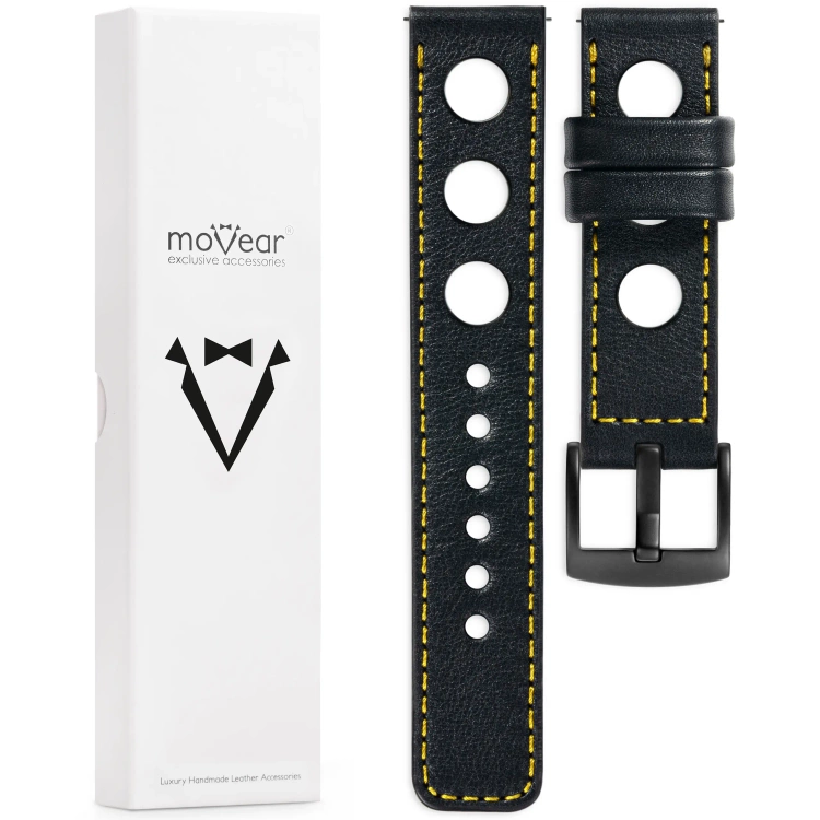 moVear Prestige R1 Skórzany pasek 22mm do zegarka | Czarny, żółte przeszycie [rozmiary XS-XXL i klamra do wyboru]
