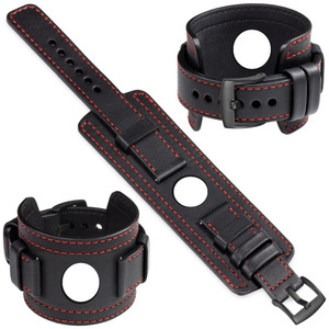 moVear Prestige CW1 Szeroki skórzany pasek 22mm do Samsung Galaxy Watch 3 (45mm) / Watch (46mm) / Gear S3 | Czarny, czerwone przeszycie [rozmiary XS-XXL i klamra do wyboru]