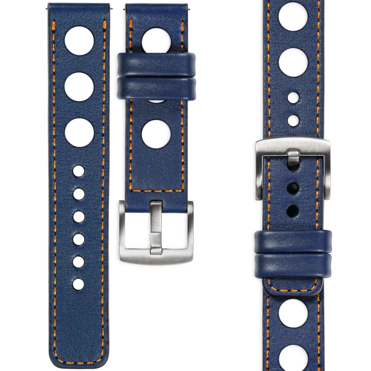 moVear Prestige R1 Skórzany pasek 22mm do zegarka | Granatowy, pomarańczowe przeszycie [rozmiary XS-XXL i klamra do wyboru]