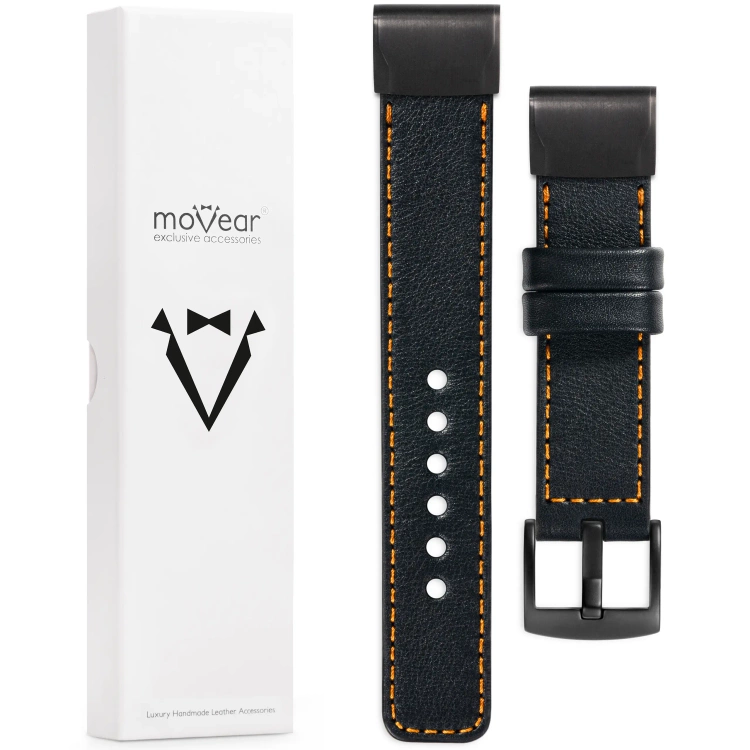 moVear Prestige C1 Skórzany pasek do Garmin QuickFit 26mm (Fenix / Epix / Quatix / Tactix / Enduro - 51mm) | Czarny, pomarańczowe przeszycie [rozmiary XS-XXL i klamra do wyboru]