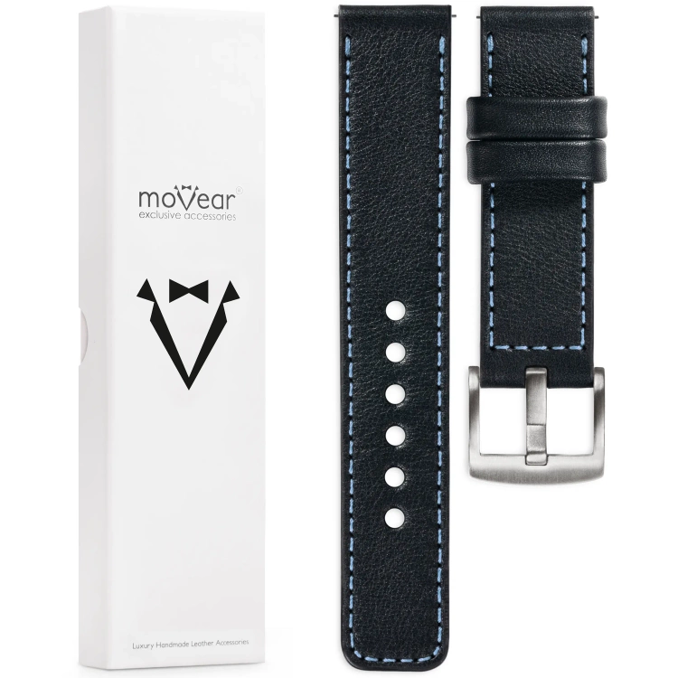moVear Prestige C1 Skórzany pasek 20mm do zegarka | Czarny, błękitne przeszycie [rozmiary XS-XXL i klamra do wyboru]