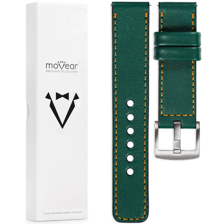 moVear Prestige C1 Skórzany pasek 22mm do zegarka | Zielony butelkowy, pomarańczowe przeszycie [rozmiary XS-XXL i klamra do wyboru]