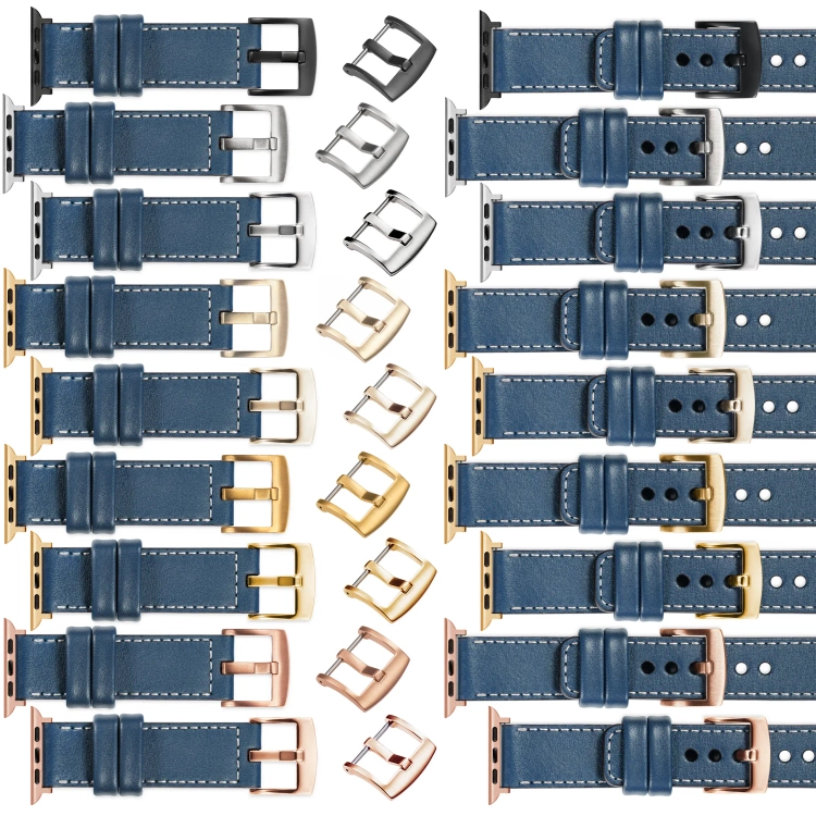 moVear Prestige C1 Skórzany pasek 20mm do Apple Watch 10 / 9 / 8 / 7 / 6 / 5 / 4 / SE (46/45/44mm) & Ultra (49mm) | Niebieski jeans, białe przeszycie [rozmiary XS-XXL i klamra do wyboru]