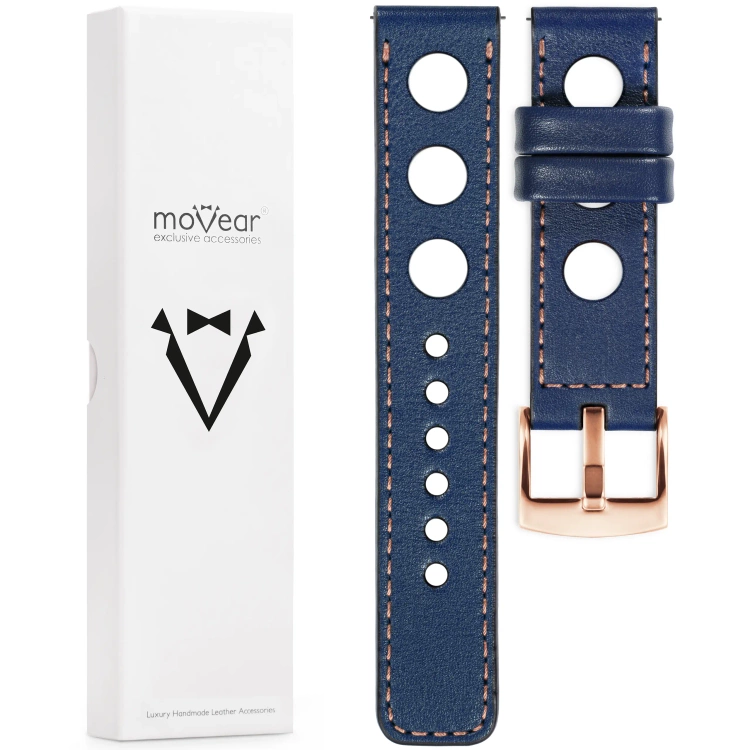 moVear Prestige R1 Skórzany pasek 18mm do zegarka | Granatowy, różowe złoto przeszycie [rozmiary XS-XXL i klamra do wyboru]