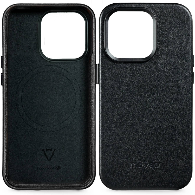 moVear backCover 4S Skórzane plecki do Apple iPhone 14 Pro (6.1") | kompatybilne z MagSafe, Skóra naturalna gładka (Czarna)