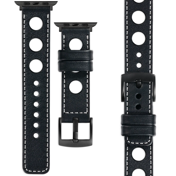 moVear Prestige R1 Skórzany pasek 22mm do Apple Watch 10 / 9 / 8 / 7 / 6 / 5 / 4 / SE (46/45/44mm) & Ultra (49mm) | Czarny, białe przeszycie [rozmiary XS-XXL i klamra do wyboru]