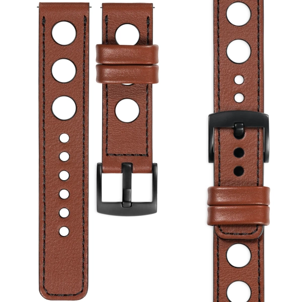 moVear Prestige R1 Skórzany pasek 20mm do Samsung Galaxy Watch 7 / 6 / 5 / 4 / 3 & Pro / FE / Classic / Active | Brązowy, czarne przeszycie [rozmiary XS-XXL i klamra do wyboru]