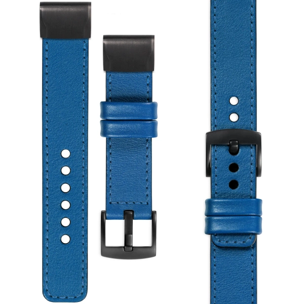 moVear Prestige C1 Skórzany pasek do Garmin QuickFit 22mm (Fenix / Forerunner / Epix / Instinct / Enduro / Quatix / MARQ - 47/45mm) | Niebieski, niebieskie przeszycie [rozmiary XS-XXL i klamra do wyboru]
