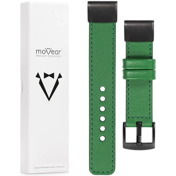 moVear Prestige C1 Skórzany pasek do Garmin QuickFit 26mm (Fenix / Epix / Quatix / Tactix / Enduro - 51mm) | Zielony, ciemnozielone przeszycie [rozmiary XS-XXL i klamra do wyboru]